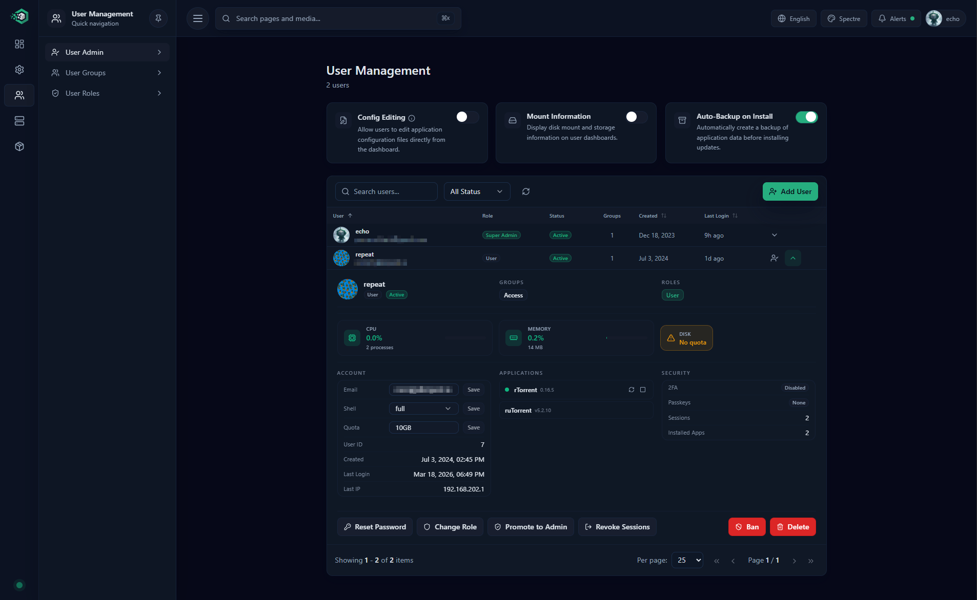 User Administration — account management and quotas