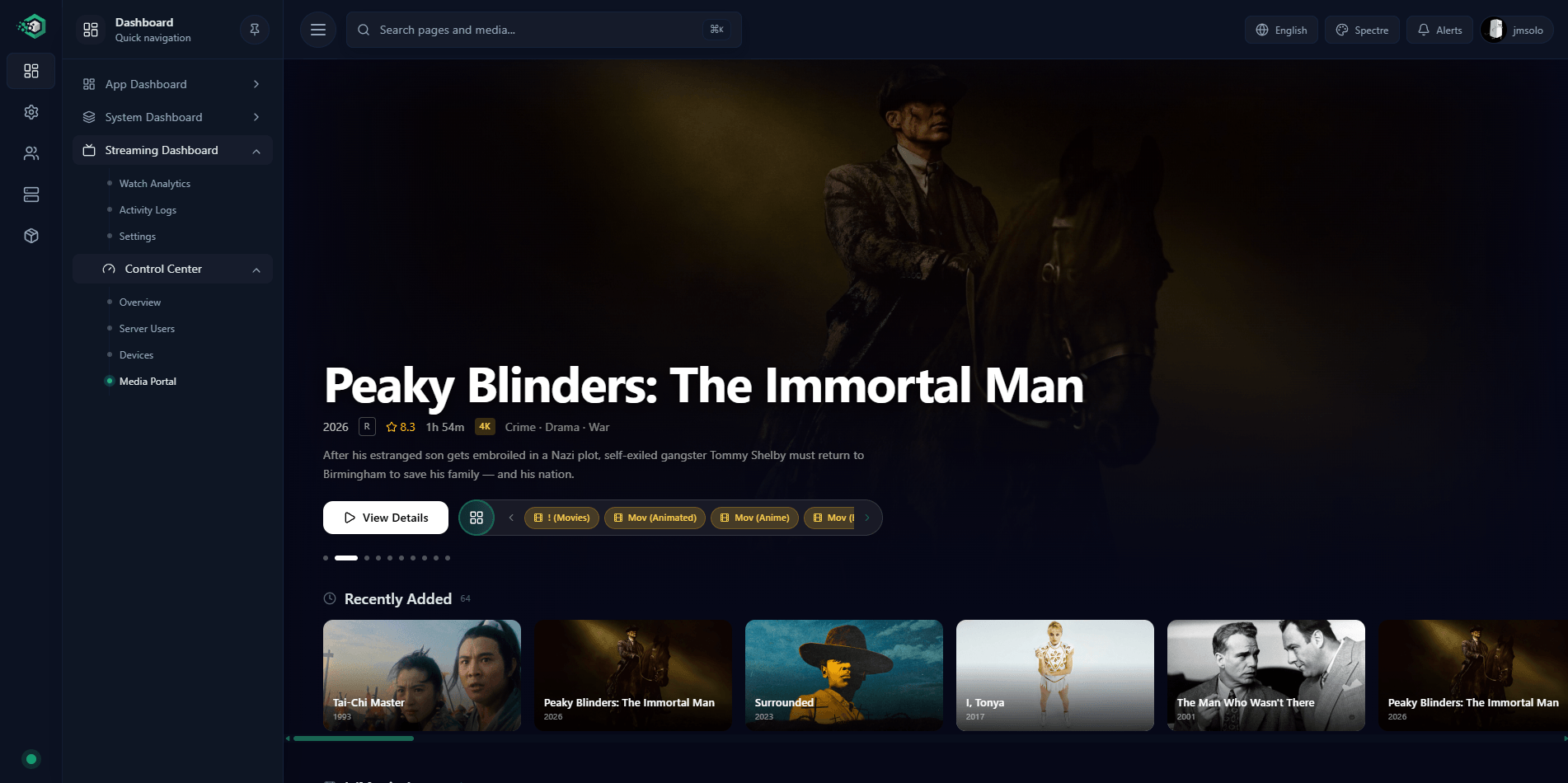 Media Portal — cinematic library browsing with hero billboard and poster shelves